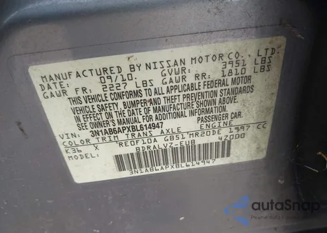 2011 Nissan Sentra 2.0Sl z USA, uszkodzony, nr VIN 3N1AB6APXBL614947